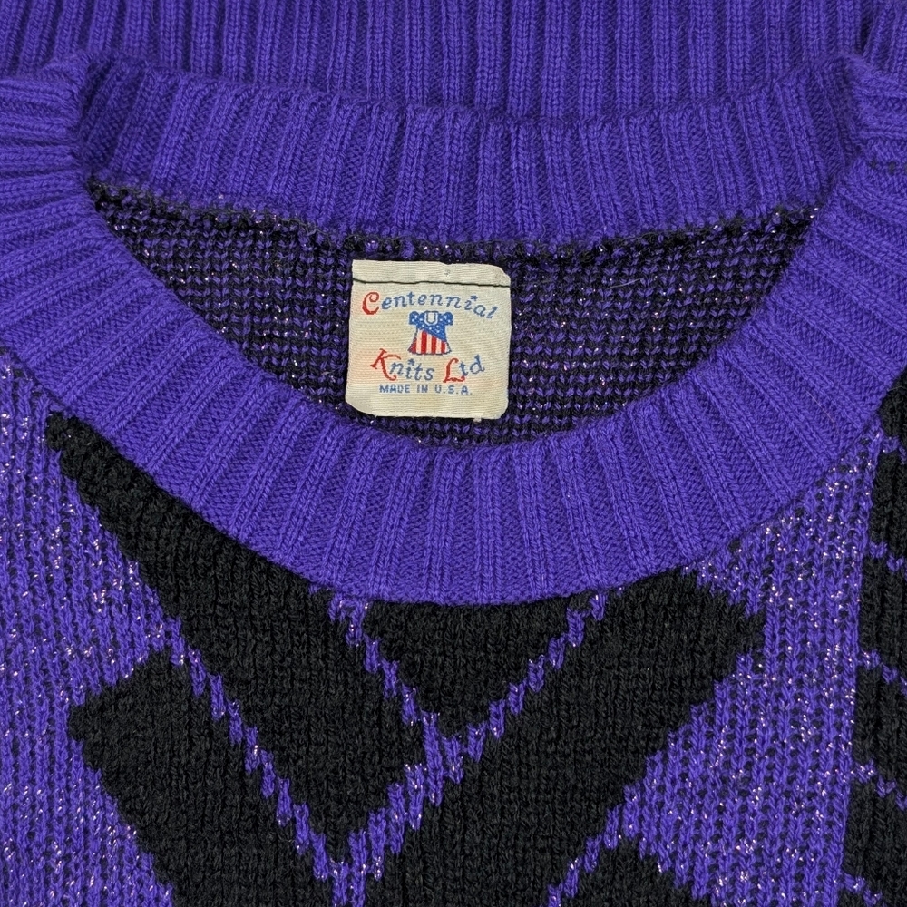 Vintage purple/metallic sweater W black geometric. Centennial Knits Ltd. Lg - Picture 6 of 14